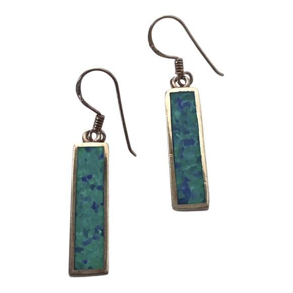 Sterling Silver 925 Blue Opal Stone Bar Earrings - Picture 6 of 9